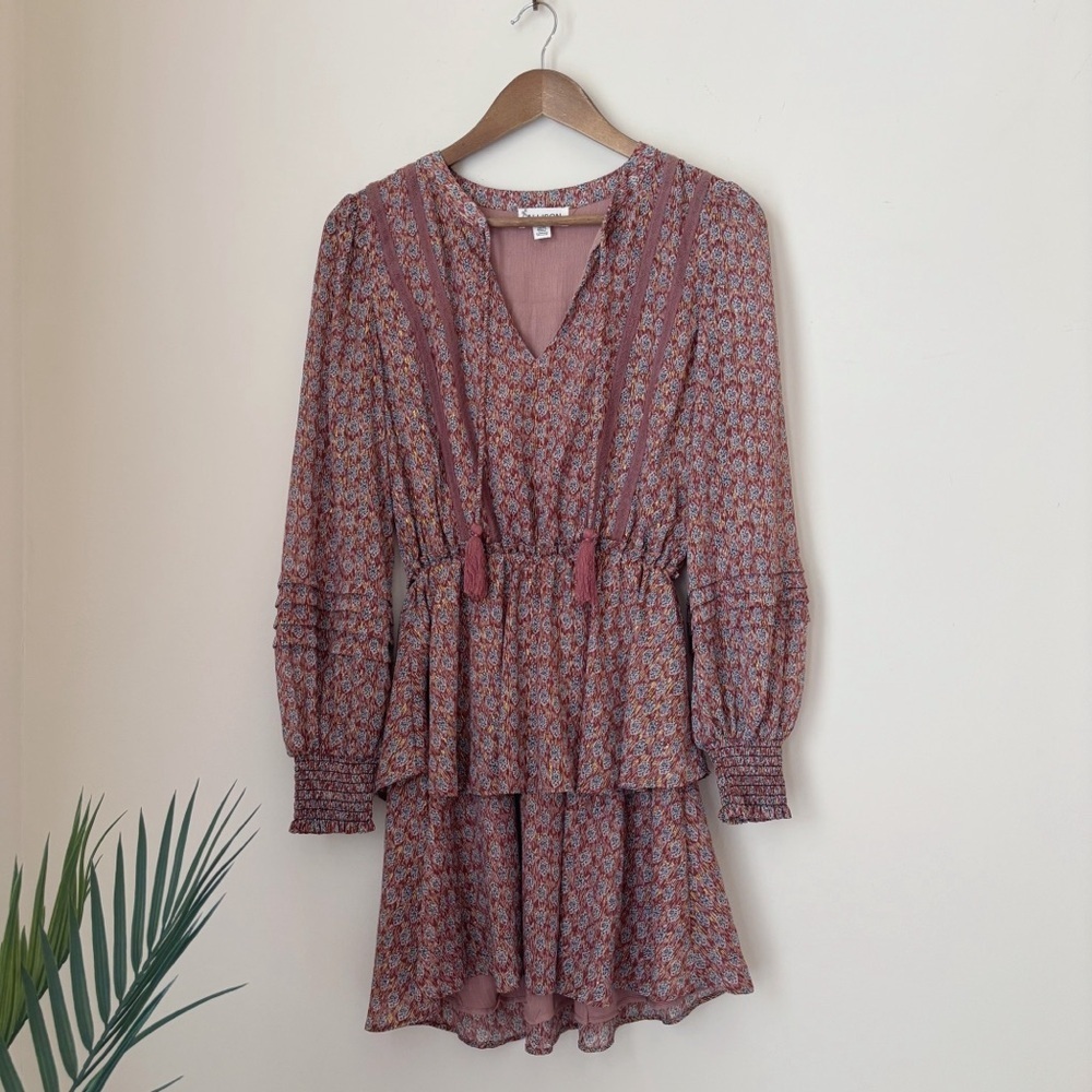 Allison New York Brown & Metallic Gold Tiered Mini Dress XS Quiet Luxury